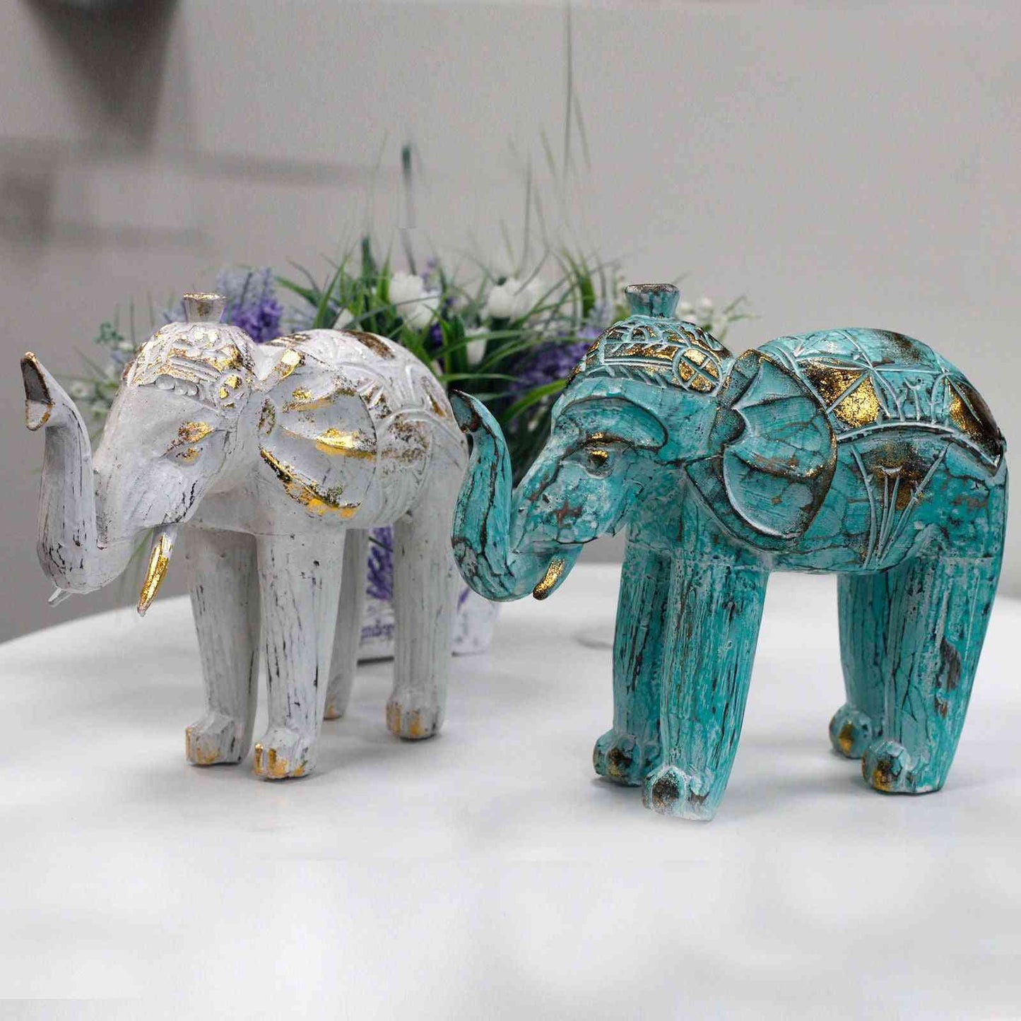 Elefante Tallado en Madera - Oro Turquesa