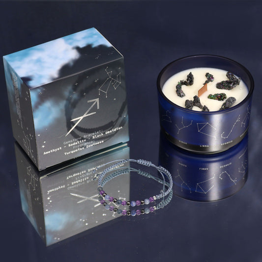Vela de Cristal del Zodiaco con Pulsera de Piedras Preciosas - Sagitario - Velas de cristal del zodiaco con brazalete de pied