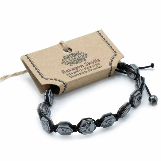 Bracelet magnétique Shamballa en hématite - Crânes hexagonaux