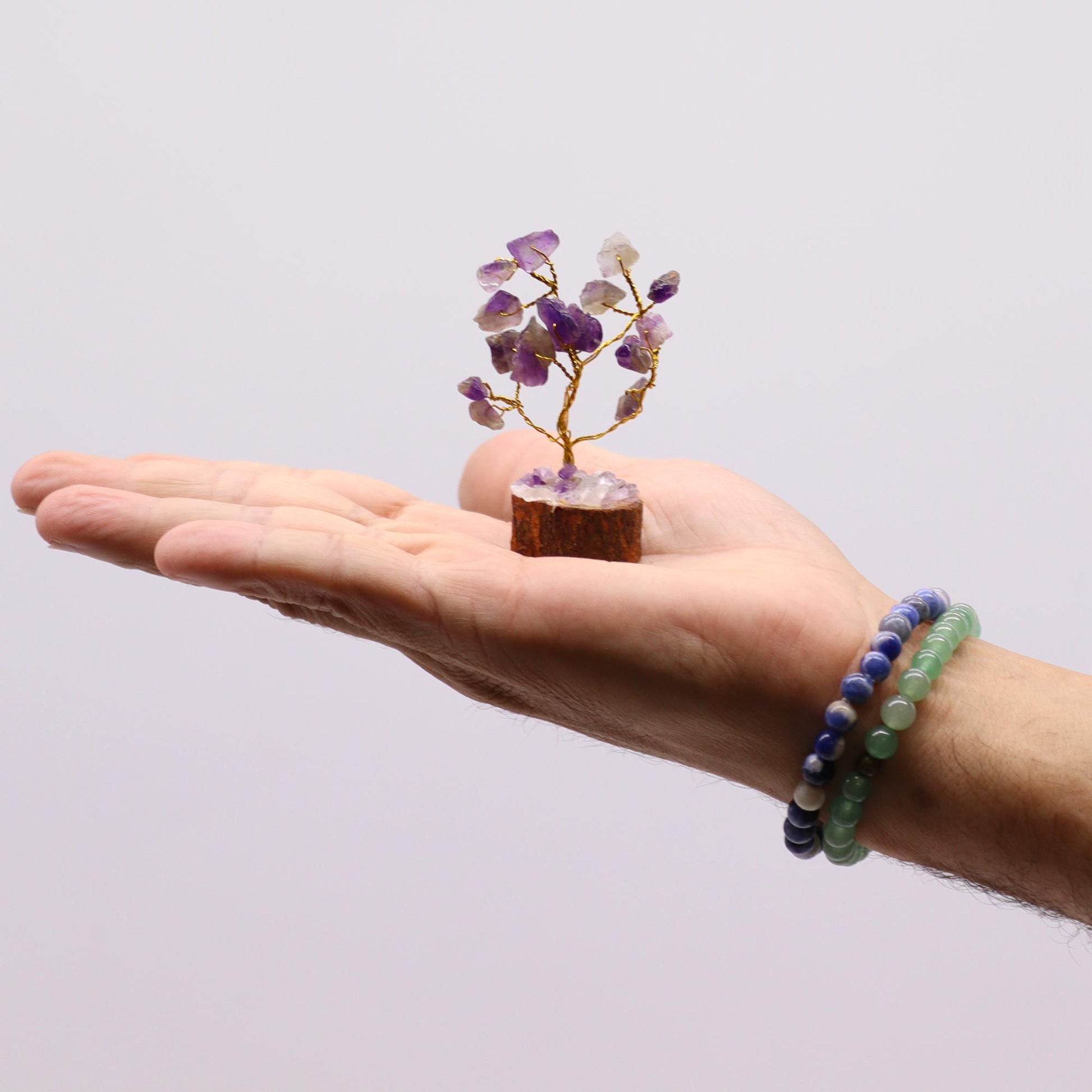 Mini árbol de piedras preciosas sobre base de madera - Amatista (15 piedras) - Mini Árboles De Piedras Preciosas