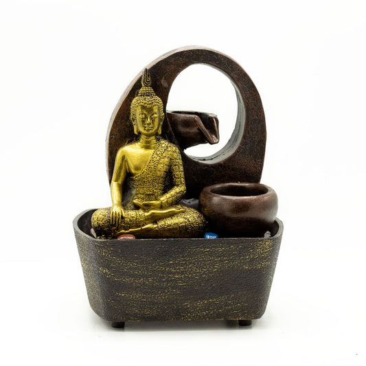 Indoor Water Fountain - Golden Buddha and Waterfall 21.5cm