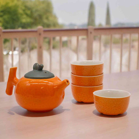 Set de Tetera - Naranja - Tetera & Cuatro tazas - Juego de tetera de hierbas | El Bazar de Tizar