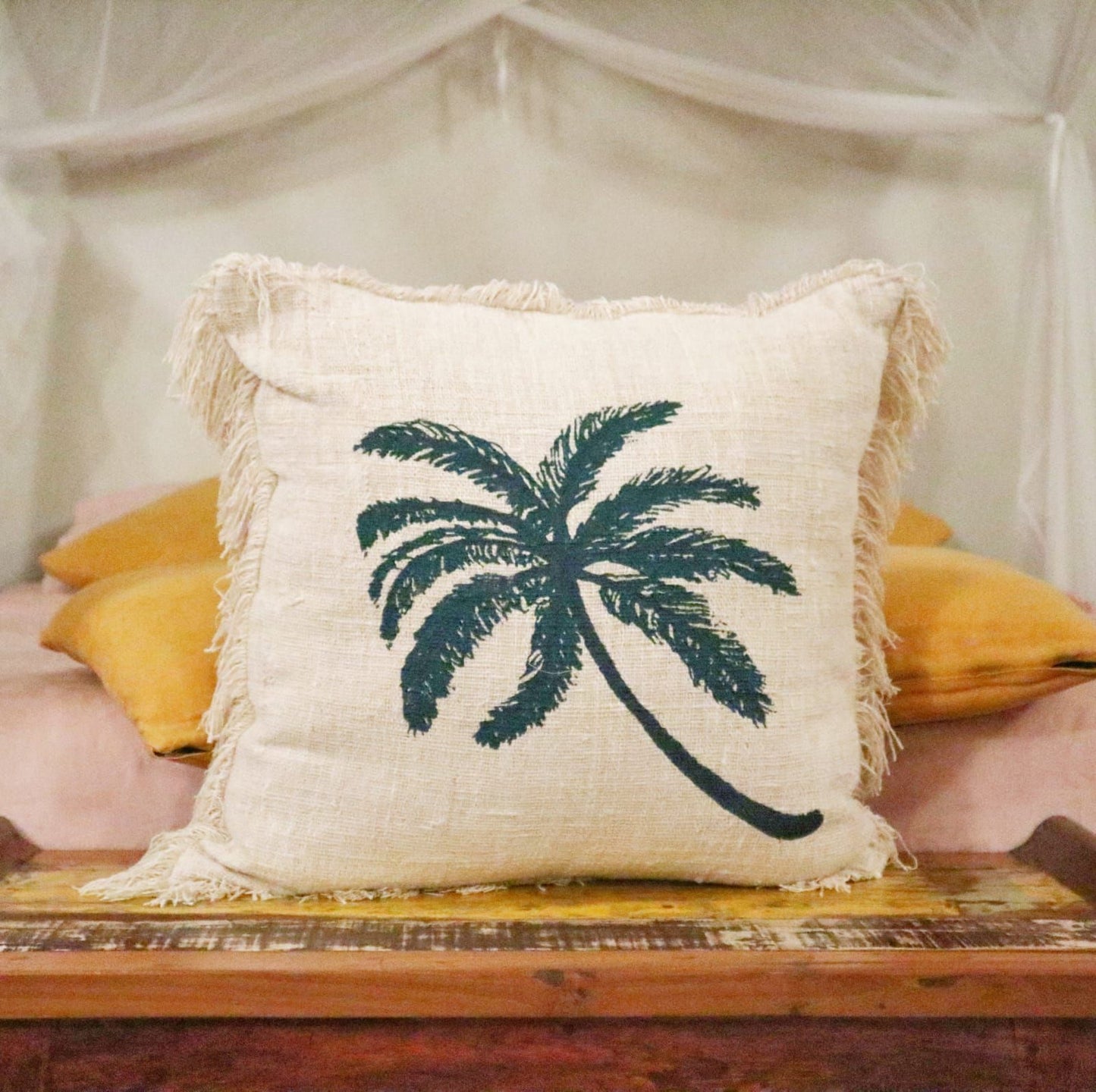 Funda de Cojín de Lino 60x60 Palmera con Flecos