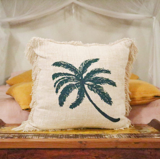 Funda de Cojín de Lino 60x60 Palmera con Flecos