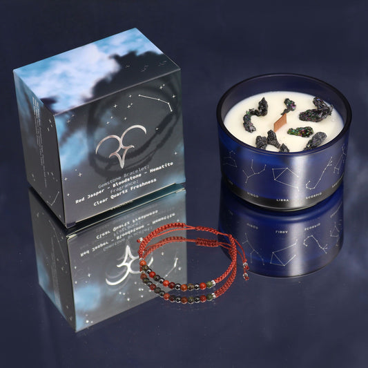 Vela de Cristal del Zodiaco con Pulsera de Piedras Preciosas - Aries - Velas de cristal del zodiaco con brazalete de piedras