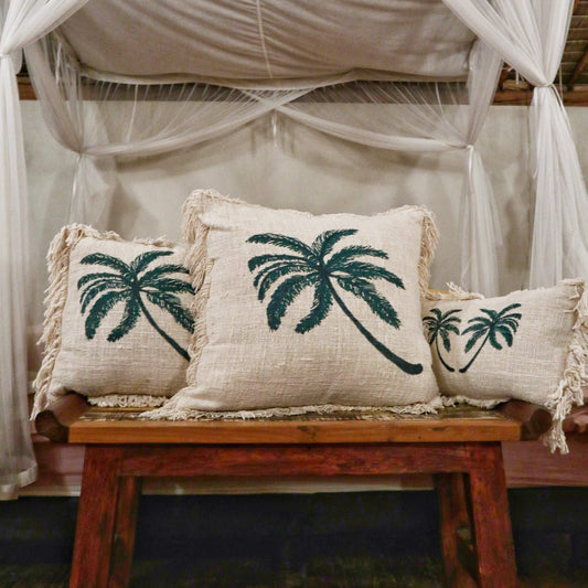Funda de Cojín de Lino 30x50 Palmera con Flecos