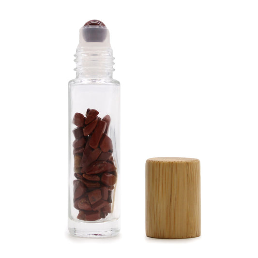 Botella de rodillo de aceite esencial de piedras preciosas - Jaspe rojo - Tapa de madera - Botellas Roll-on con gemas 10ml