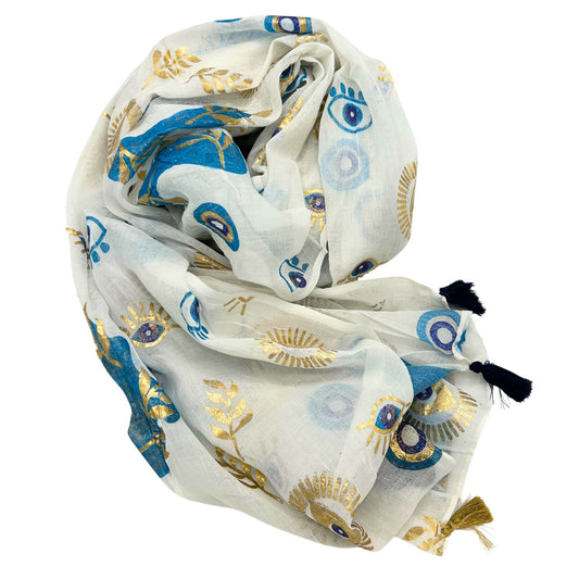 Colección Nómada Sari Mediterráneo - Pareo - Diseño del Ojo Maligno en Blanco, Azul y Oro | Colección Mediterránea Nomad Sari