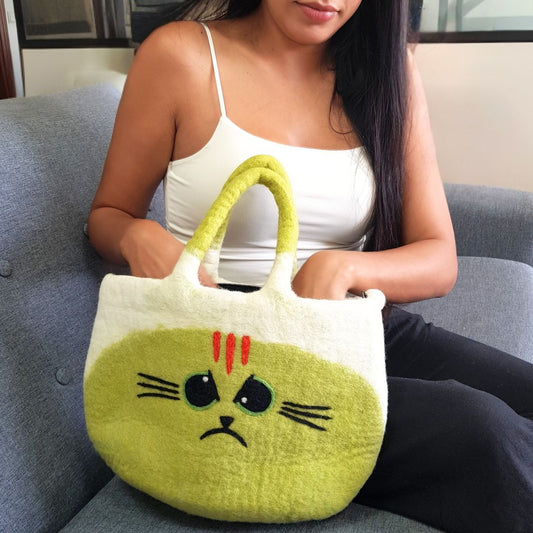 Bolso de fieltro grande de gato gruñón | Bolsos de Fieltro | El Bazar de Tizar