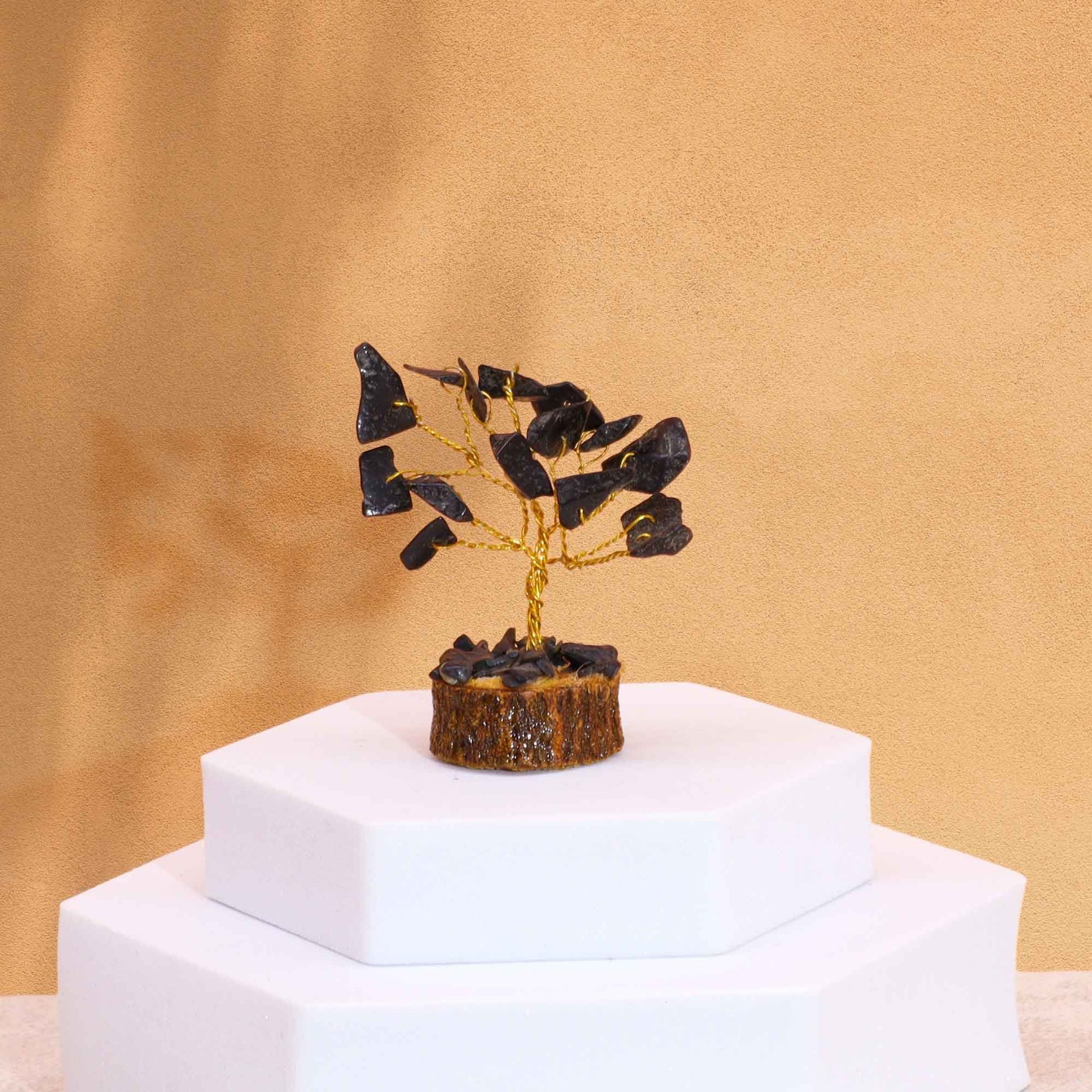 Mini árbol de piedras preciosas sobre base de madera - Ágata negra (15 piedras) - Mini Árboles De Piedras Preciosas