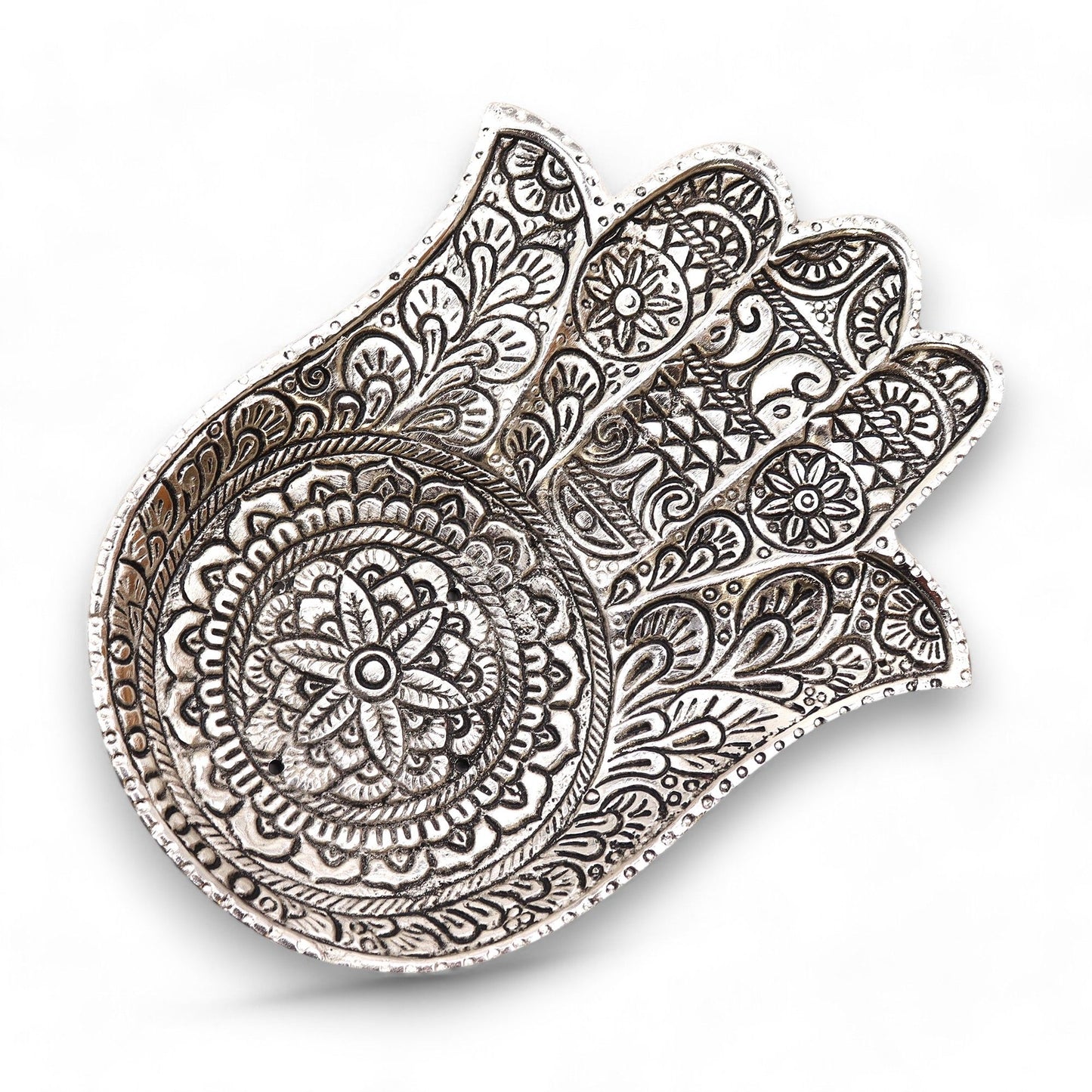 Porta-incienso Hamsa de Aluminio Pulido 18x13cm - Portainciensos de aluminio hechos a mano
