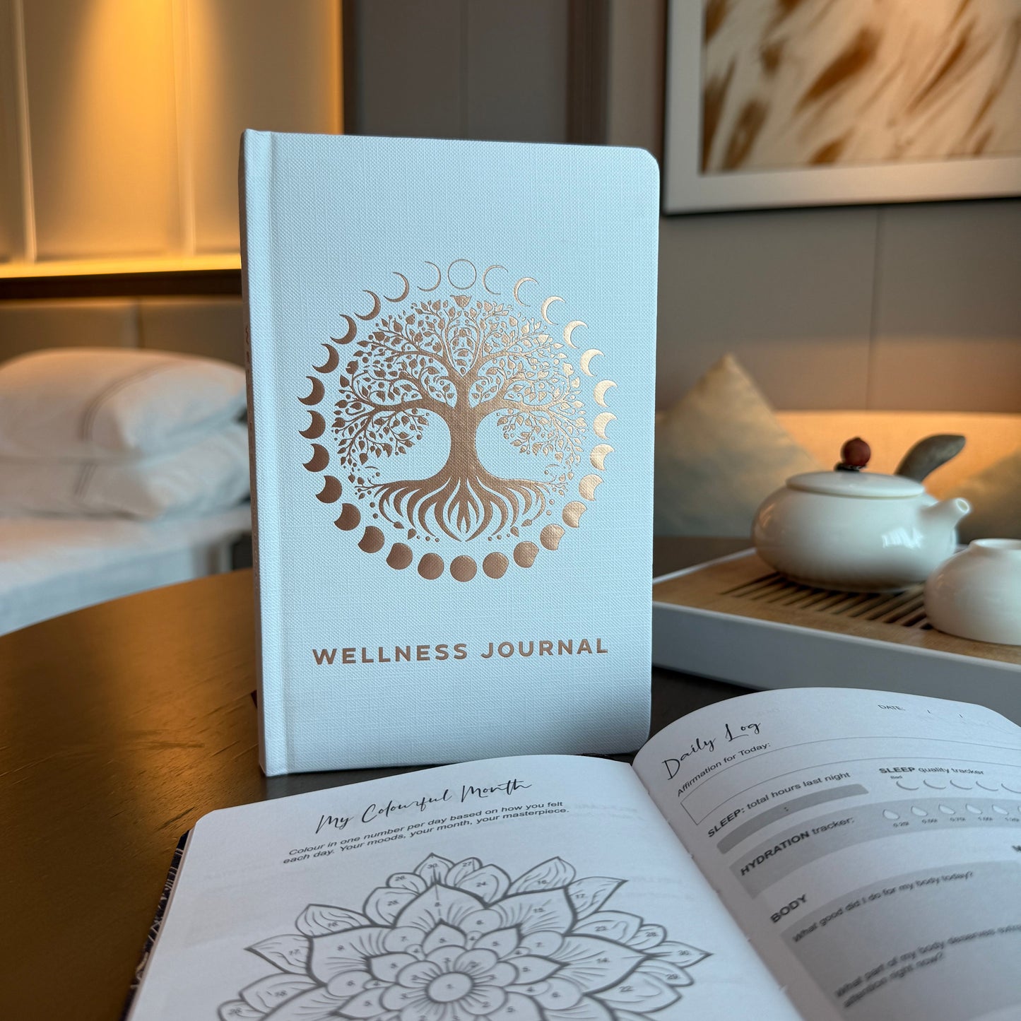 Cuaderno de Bienestar Blanco - 120 páginas - Árbol de la Vida en oro rosado