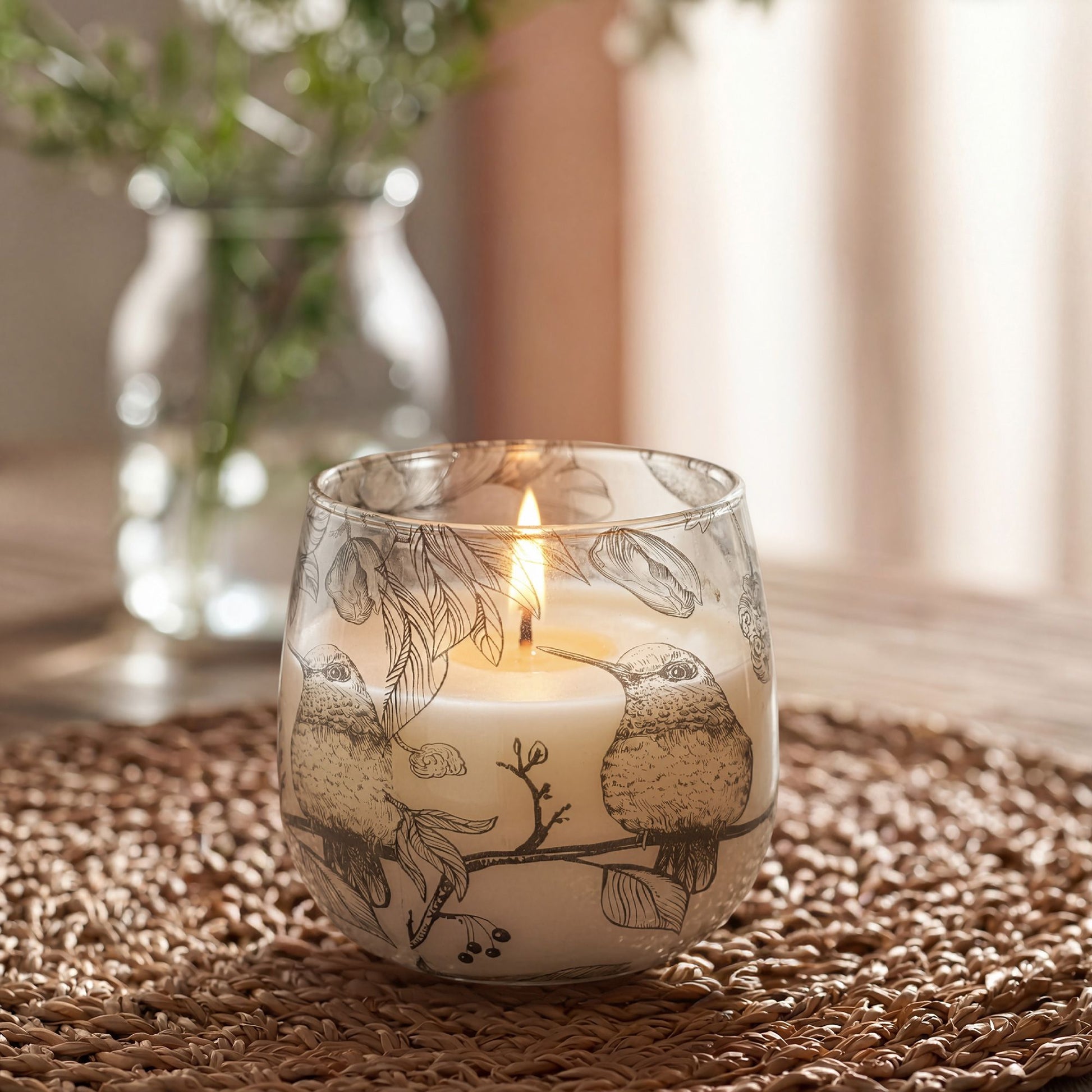 Velas en tarro de vidrio de tamaño mediano - Dibujadas por llama - Velas en tarros de vidrio, aves ilustradas