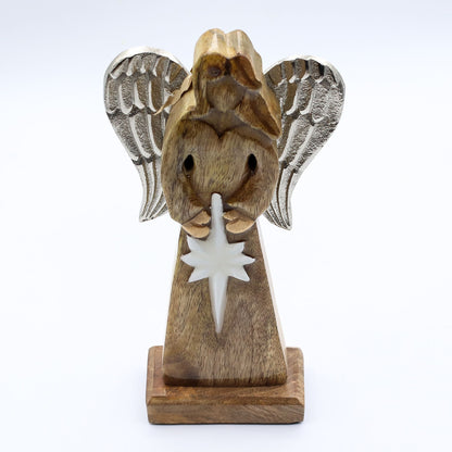 Gran Ángel de la Paz de Madera de Mango, Alas de Metal y Detalle de Esmalte