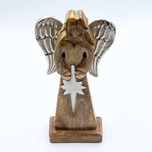 Gran Ángel de la Paz de Madera de Mango, Alas de Metal y Detalle de Esmalte