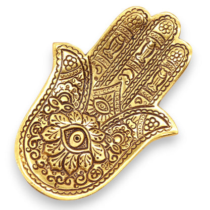 Porta-incienso Hamsa Pequeño Aluminio Dorado 13x5.5cm - Portainciensos de aluminio hechos a mano