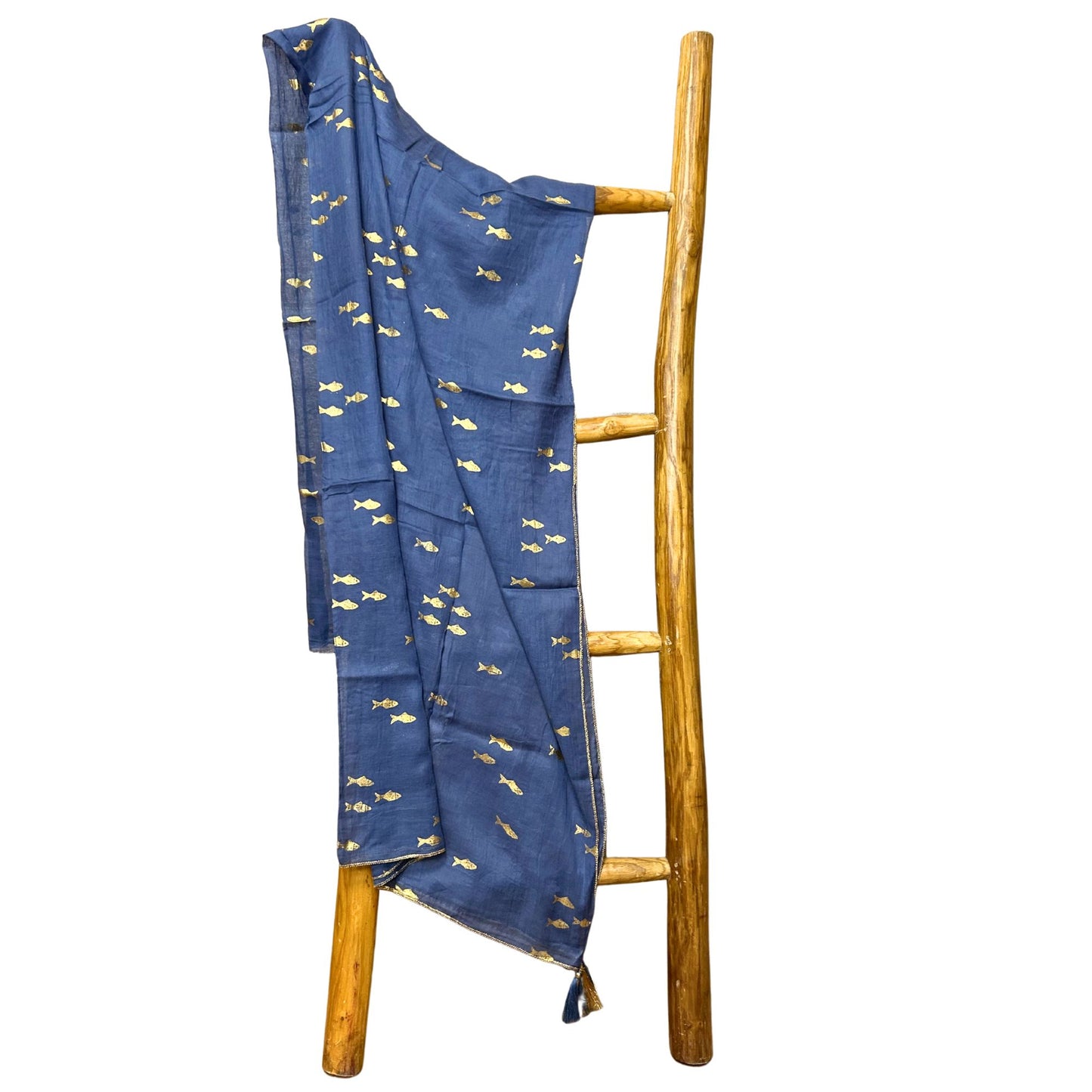 Colección Nómada Sari Mediterráneo - Pareo - Diseño de Peces en Azul Marino y Oro