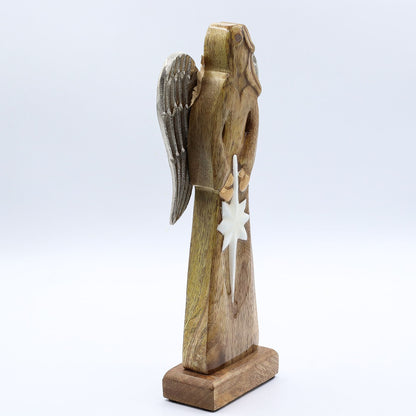 Gran Ángel de la Paz de Madera de Mango, Alas de Metal y Detalle de Esmalte