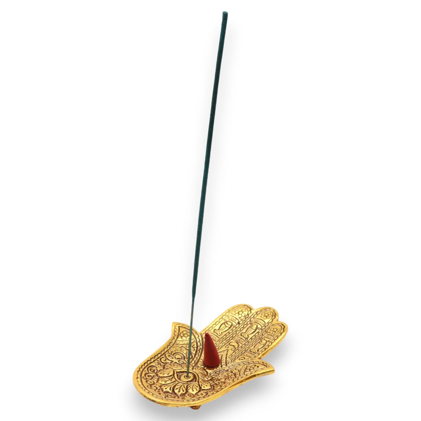 Porta-incienso Hamsa Pequeño Aluminio Dorado 13x5.5cm - Portainciensos de aluminio hechos a mano