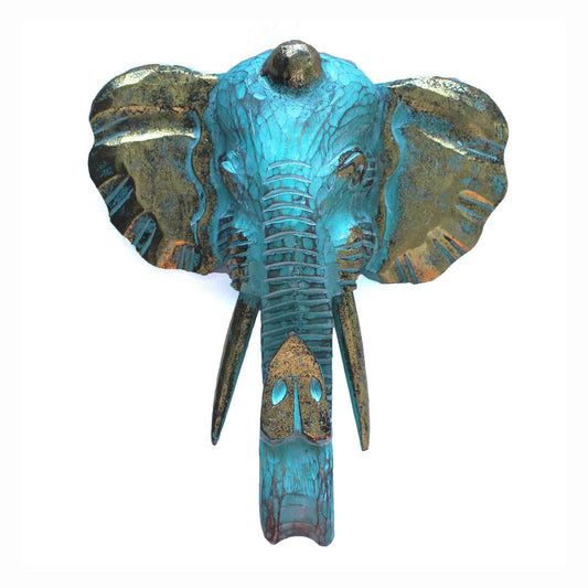 Cabeza Grande de Elefante - Oro y Turquesa | Elefantes tallados de madera | El Bazar de Tizar