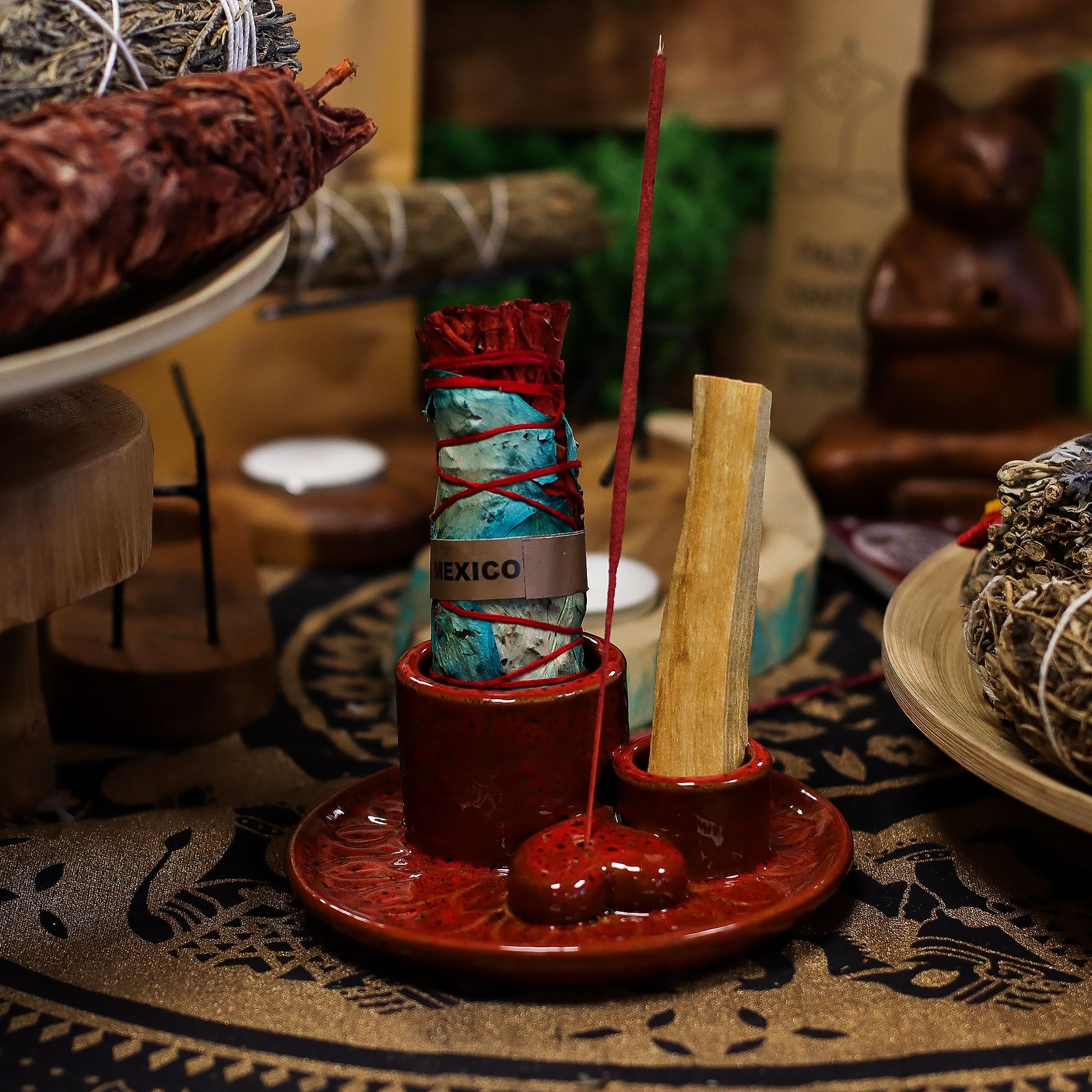 Soporte cerámico para Palo Santo e Incienso - Mandala - Rojo con brillo en forma de corazón - Soporte cerámico para Palo Sant