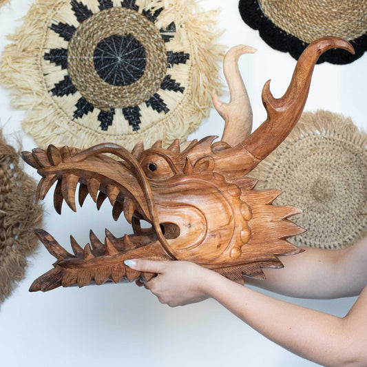 Carved Wooden Panel - Life-Size Dragon Head - 30cm