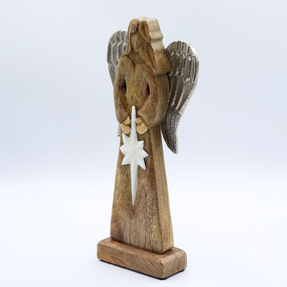 Gran Ángel de la Paz de Madera de Mango, Alas de Metal y Detalle de Esmalte