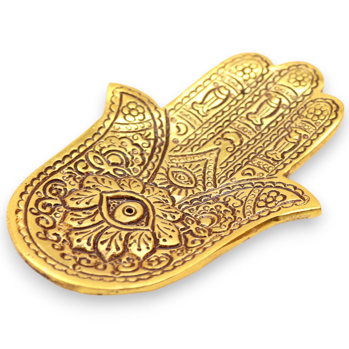 Porta-incienso Hamsa Pequeño Aluminio Dorado 13x5.5cm - Portainciensos de aluminio hechos a mano