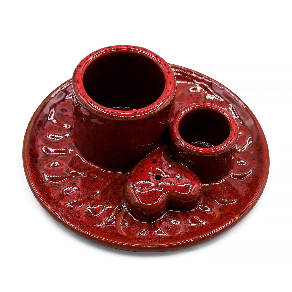 Soporte cerámico para Palo Santo e Incienso - Mandala - Rojo con brillo en forma de corazón - Soporte cerámico para Palo Sant