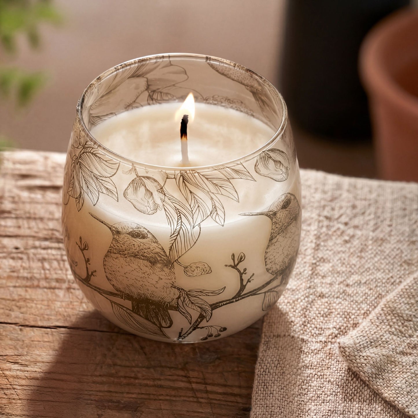 Velas en tarro de vidrio de tamaño mediano - Dibujadas por llama - Velas en tarros de vidrio, aves ilustradas