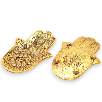 Porta-incienso Hamsa Pequeño Aluminio Dorado 13x5.5cm - Portainciensos de aluminio hechos a mano