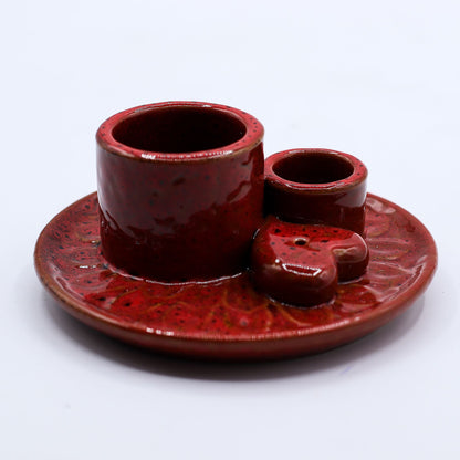 Soporte cerámico para Palo Santo e Incienso - Mandala - Rojo con brillo en forma de corazón - Soporte cerámico para Palo Sant