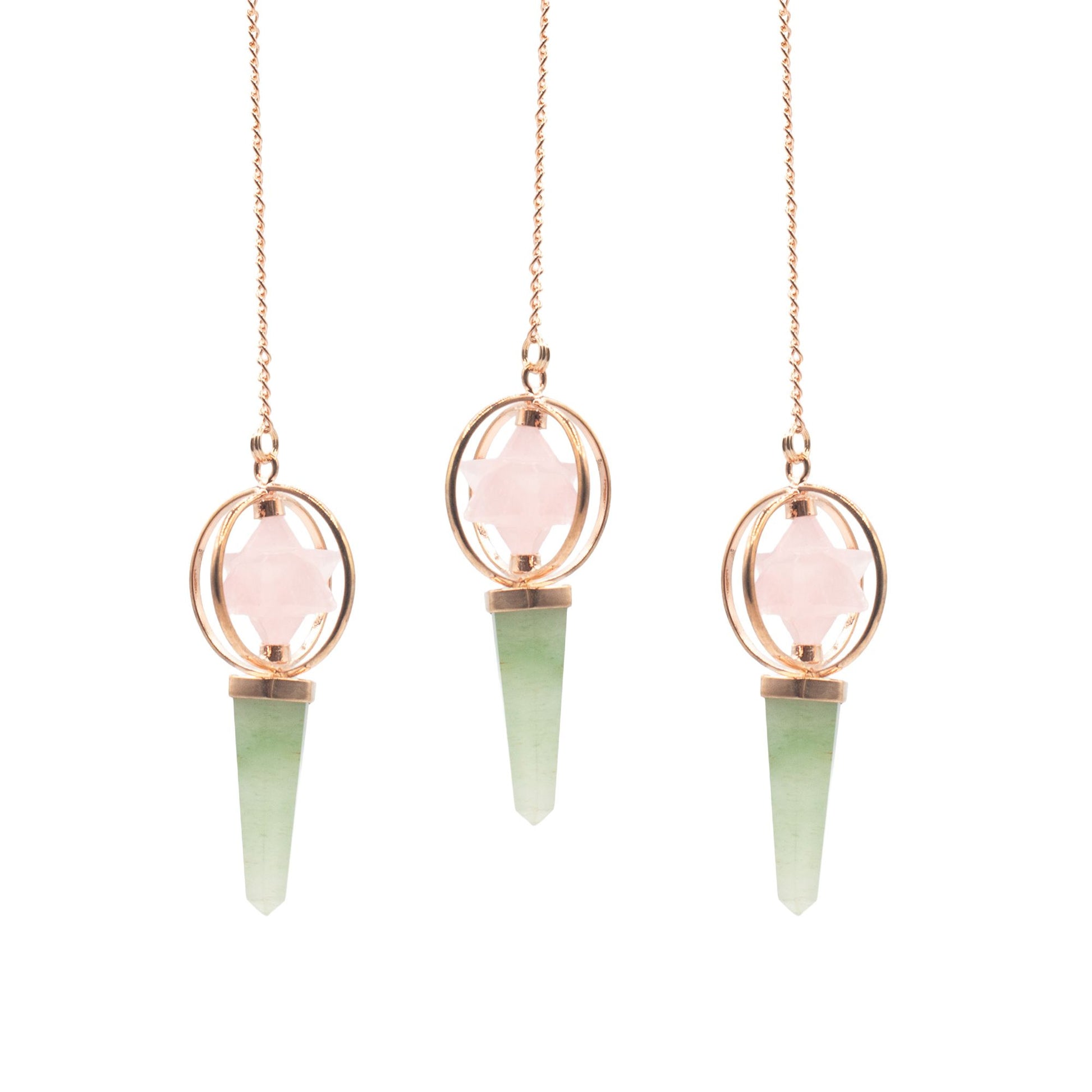 Brújula del Corazón - Estrella Merkaba giratoria de dos piezas en péndulo de cobre - cuarzo rosa y aventurina verde - Péndulo