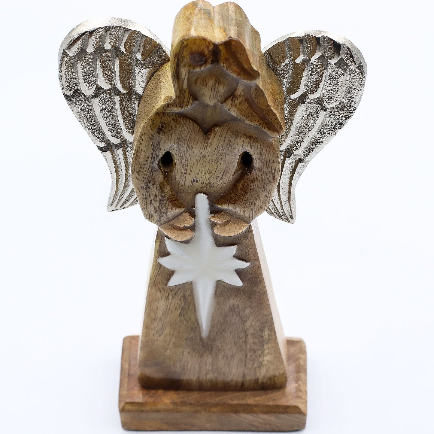 Gran Ángel de la Paz de Madera de Mango, Alas de Metal y Detalle de Esmalte