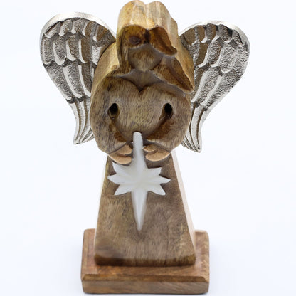 Gran Ángel de la Paz de Madera de Mango, Alas de Metal y Detalle de Esmalte