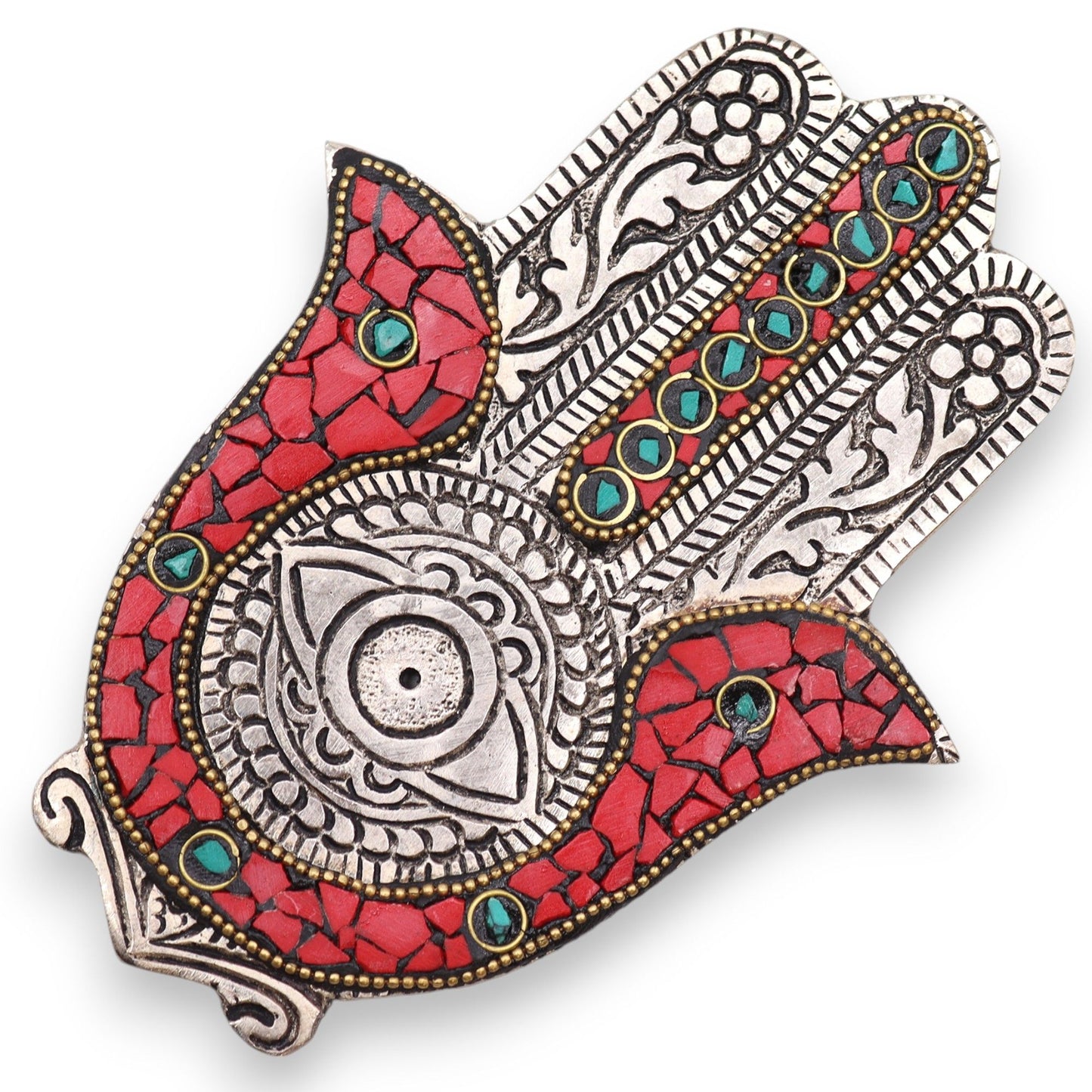 Porta-incienso Hamsa Rojo y Verde Pequeño 13x5.5cm - Portainciensos de aluminio hechos a mano
