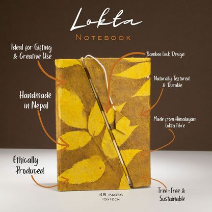 Lokta audaz floral bambú cuaderno con cierre – mediano (15x12 cm) – 45 hojas – marrón mostaza