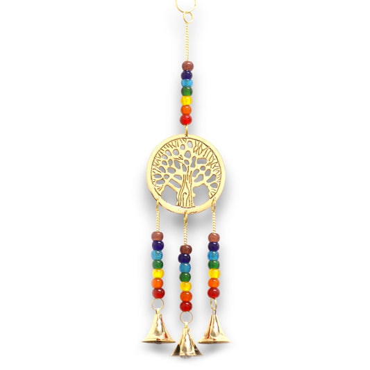 Campanas Indias - Árbol de la Vida de Latón con Cuentas de Chakra - 3 Campanas - 6.5x31cm
