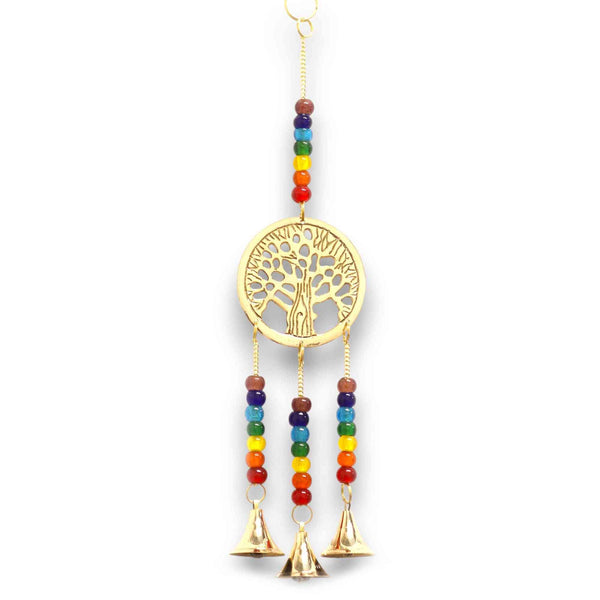 Carillons Indiens - Arbre de Vie en Laiton avec Perles Chakra - 3 Cloches - 6.5x31cm