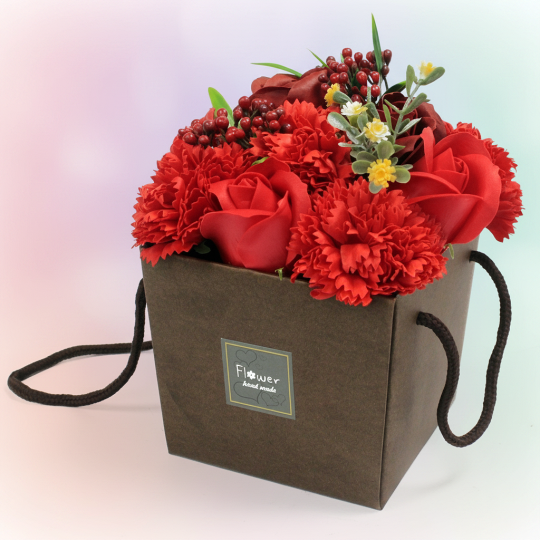 Bouquet Flores Jabón · Rosas Rojas y Clavel