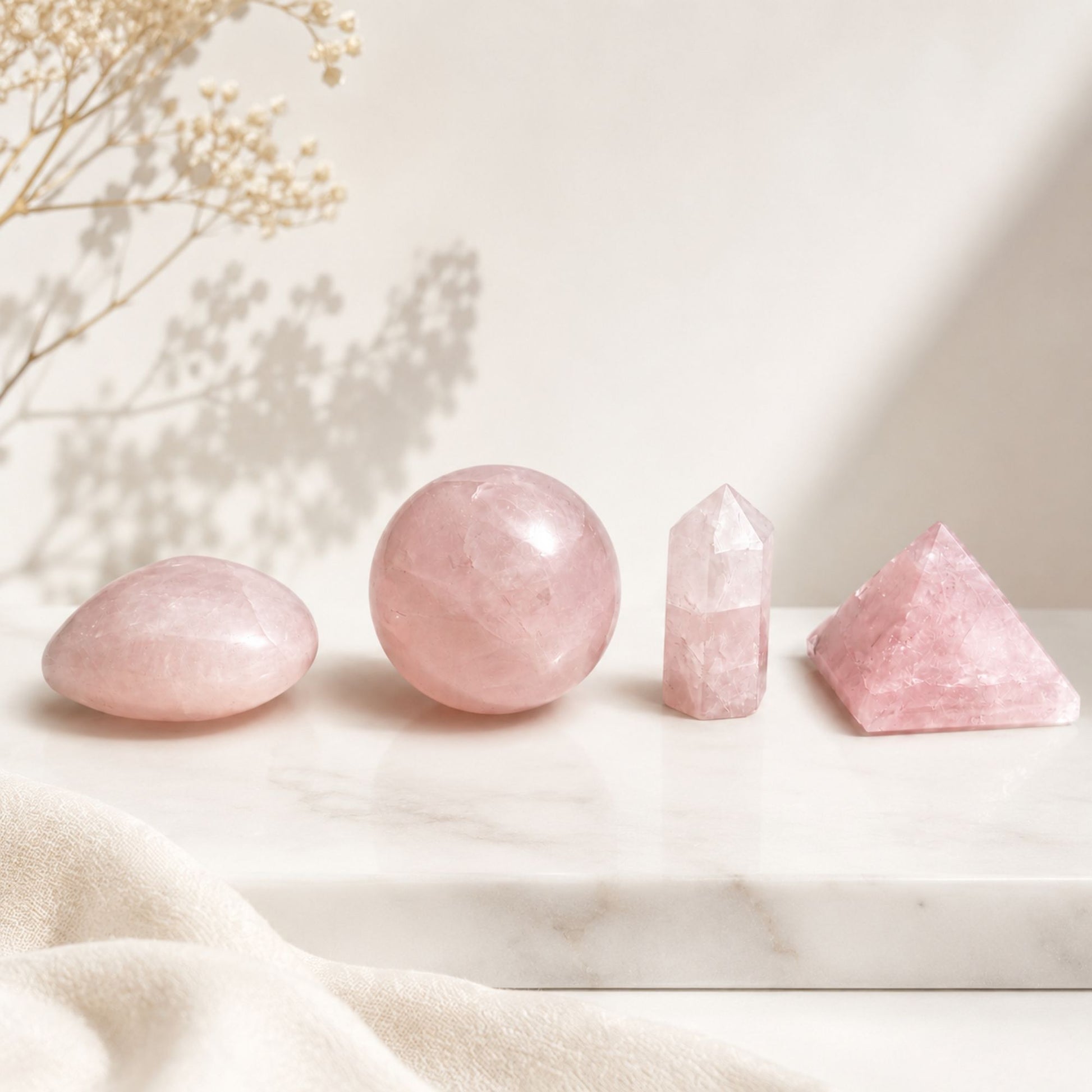 Cuatro Formas de Gemas - Cuarzo Rosa - Formas variadas de gemas