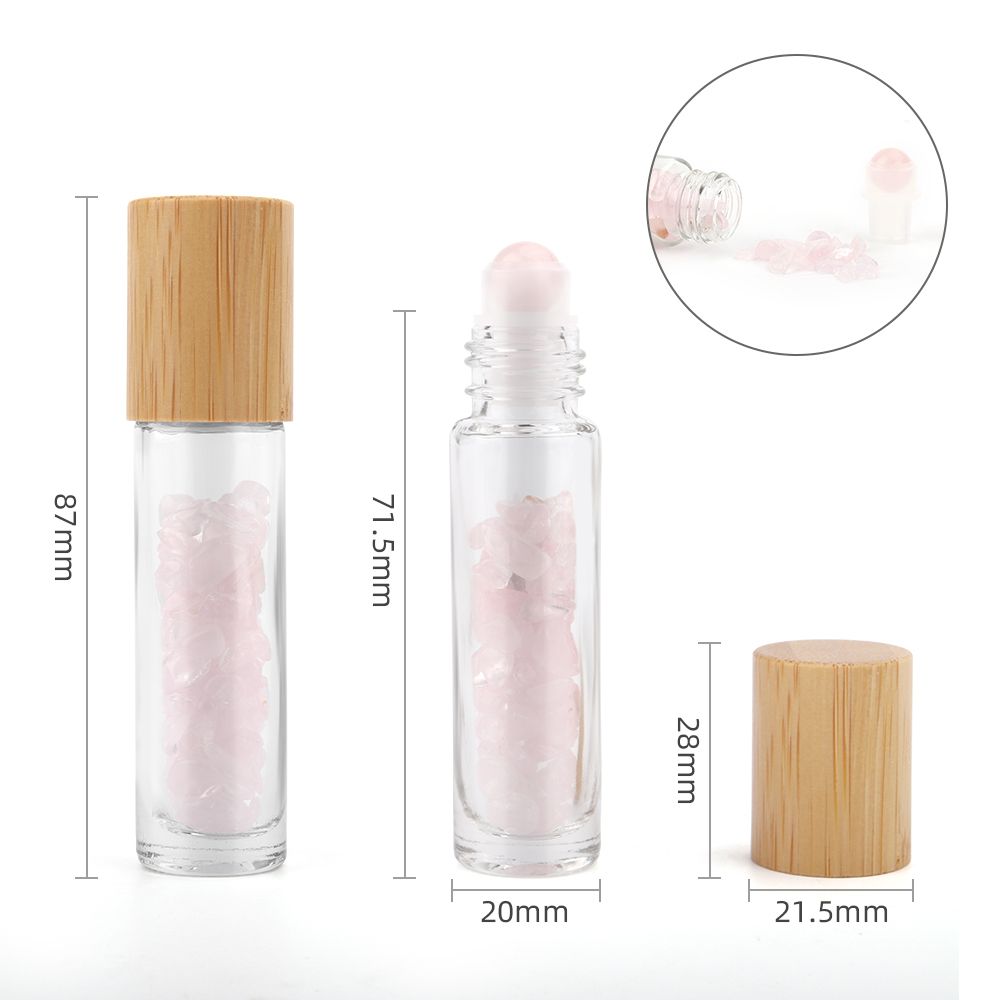 Botella de rodillo de aceite esencial de piedras preciosas - Cuarzo rosa - Tapa de madera - Botellas Roll-on con gemas 10ml
