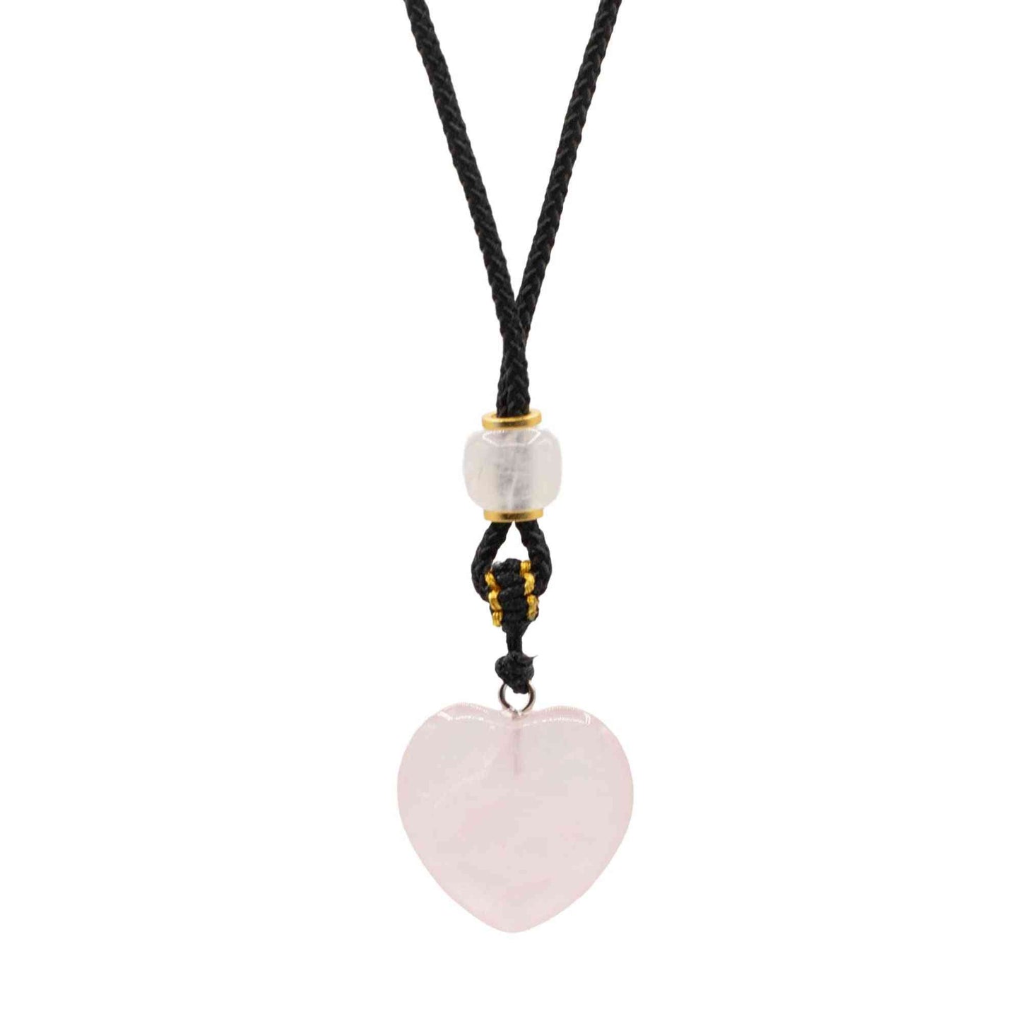Collar de cuerda con colgante de piedra preciosa - corazón de cuarzo rosa