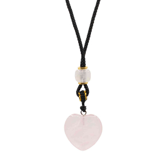 Collar de cuerda con colgante de piedra preciosa - corazón de cuarzo rosa
