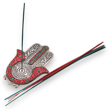 Porta-incienso Hamsa Rojo y Verde Pequeño 13x5.5cm - Portainciensos de aluminio hechos a mano