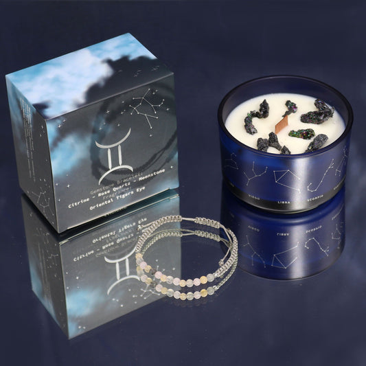 Vela de Cristal del Zodiaco con Pulsera de Piedras Preciosas - Géminis - Velas de cristal del zodiaco con brazalete de piedra