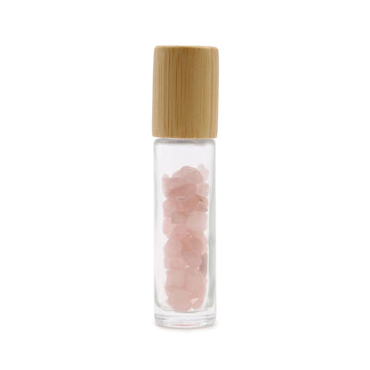Botella de rodillo de aceite esencial de piedras preciosas - Cuarzo rosa - Tapa de madera - Botellas Roll-on con gemas 10ml