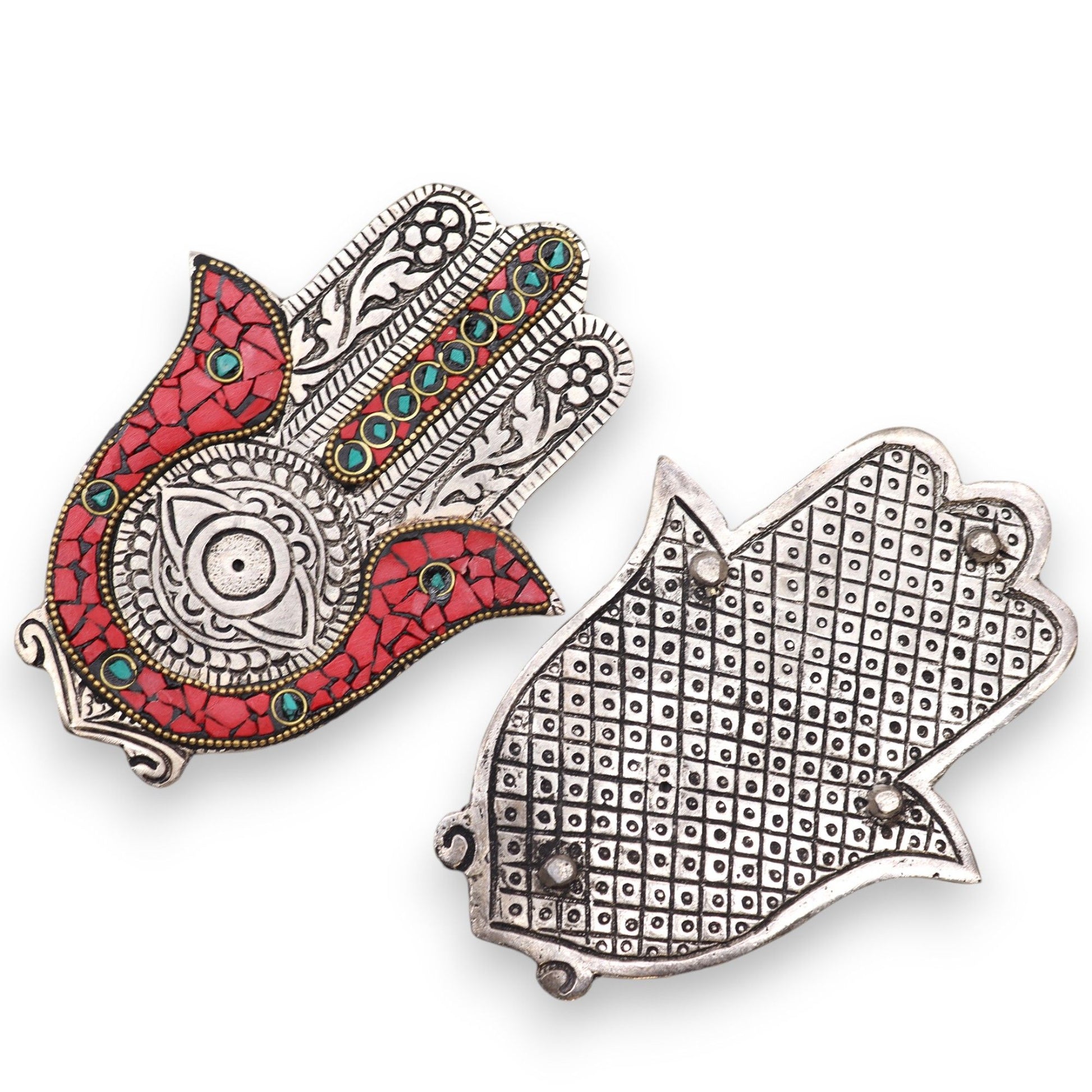 Porta-incienso Hamsa Rojo y Verde Pequeño 13x5.5cm - Portainciensos de aluminio hechos a mano