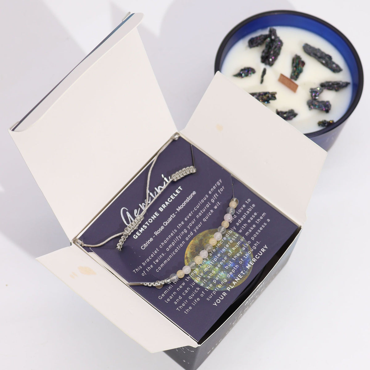 Vela de Cristal del Zodiaco con Pulsera de Piedras Preciosas - Géminis - Velas de cristal del zodiaco con brazalete de piedra