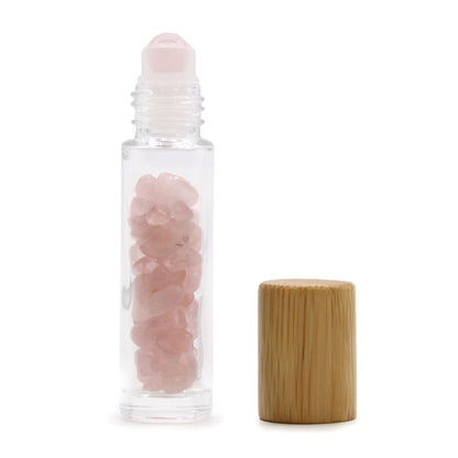 Botella de rodillo de aceite esencial de piedras preciosas - Cuarzo rosa - Tapa de madera - Botellas Roll-on con gemas 10ml